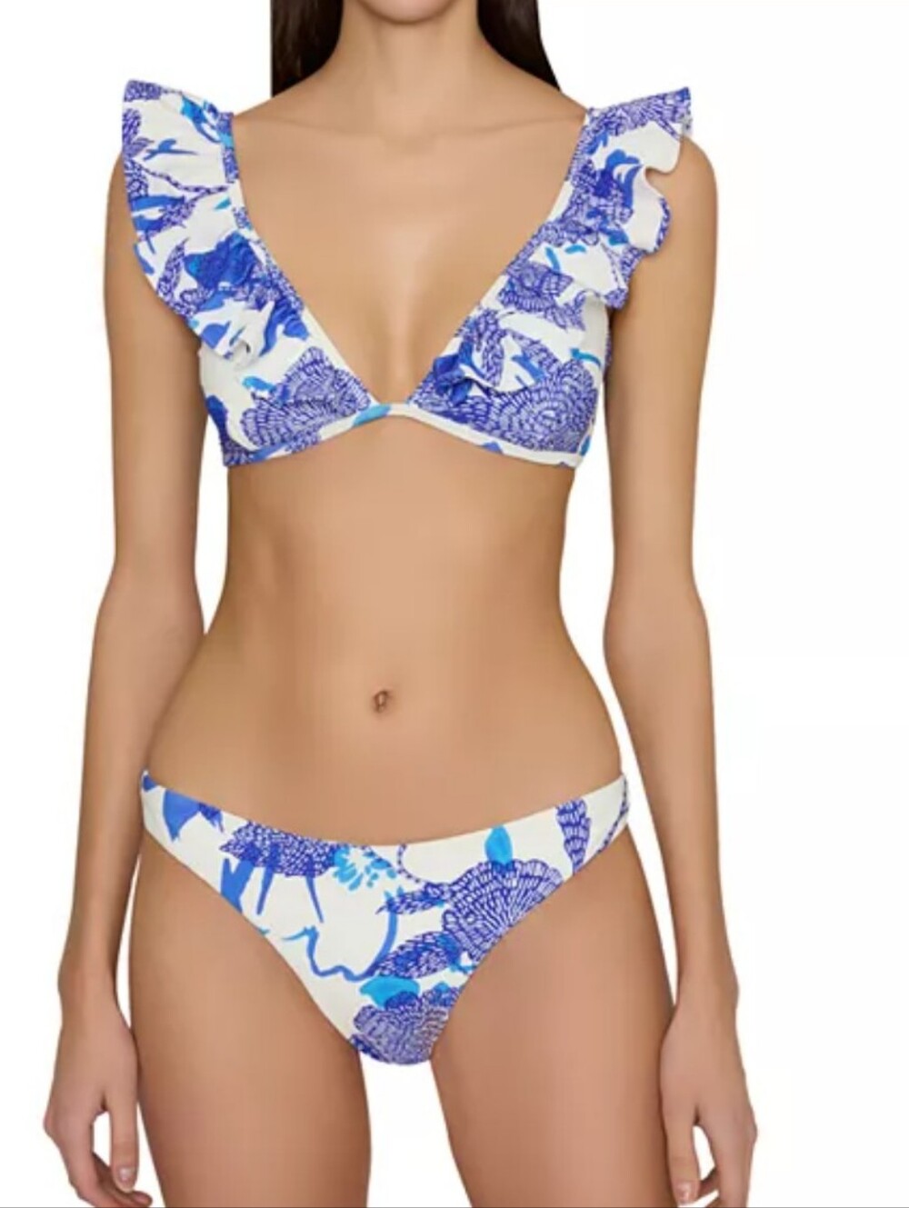 Milly Blue Floral Ruffle V-Neck Bikini Set Women Swim Floral Ruffled Feminine L
